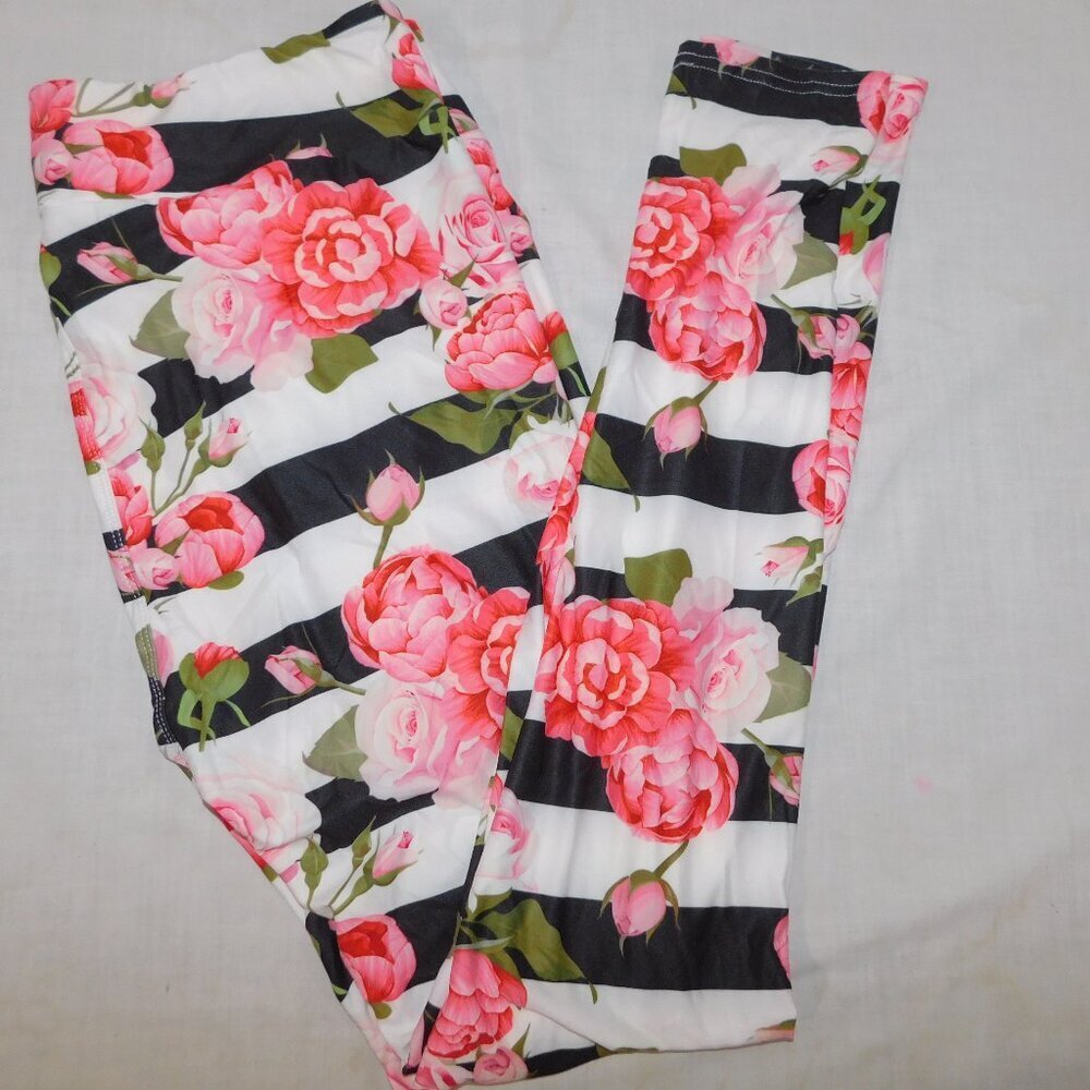 Pink Peony Leggings Black White Striped Miss T's Fashion TC2 Womens 20 to 26